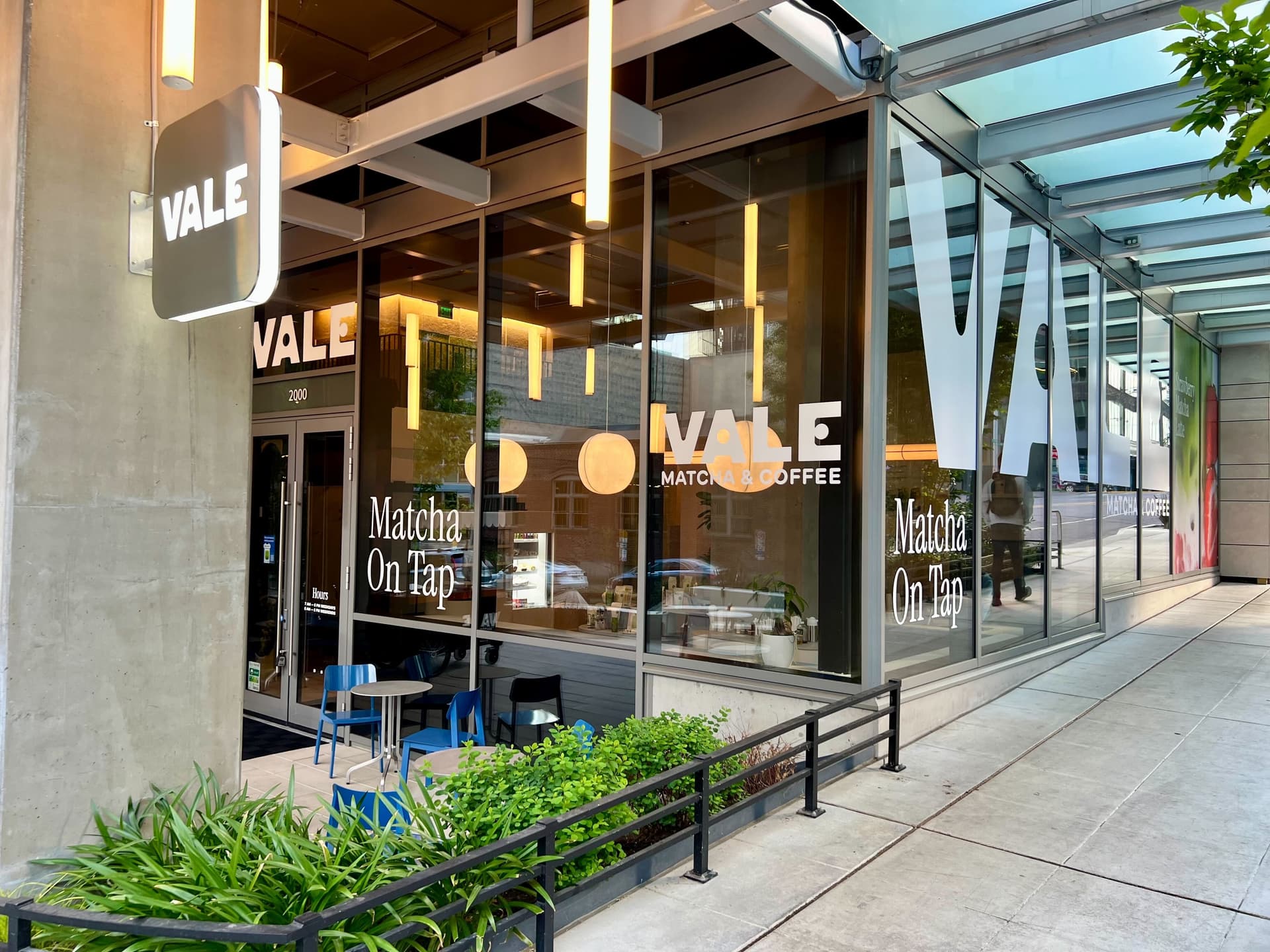 Vale Matcha & Coffee cafe exterior in South Lake Union, Seattle - storefront with Matcha On Tap signage
