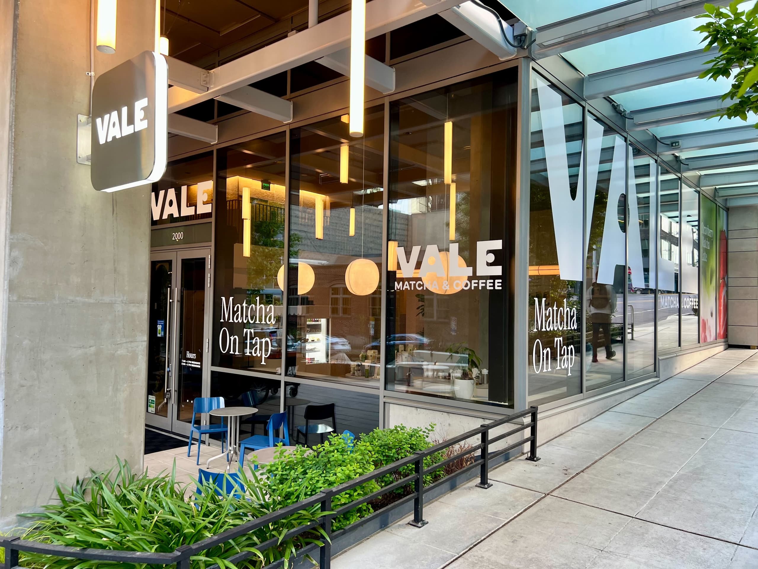 Vale Matcha & Coffee cafe exterior in South Lake Union, Seattle - storefront with Matcha On Tap signage
