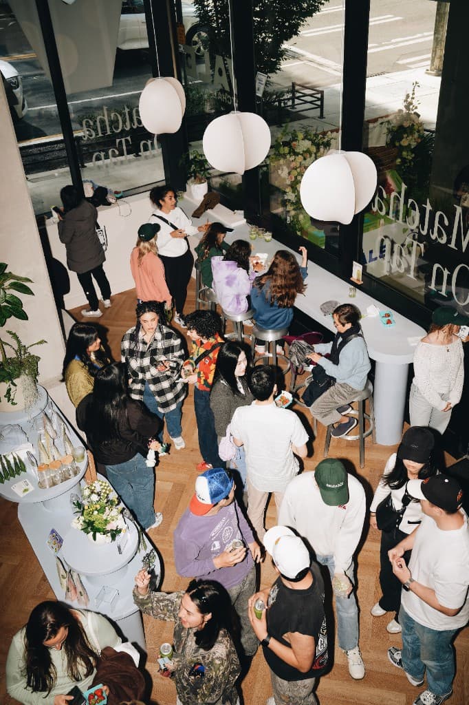 Crowd of regulars at the Vale Matcha cafe in South Lake Union, Seattle