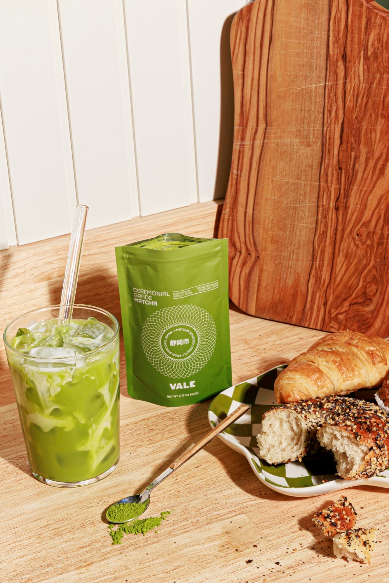 Vale ceremonial grade matcha with iced latte and fresh pastries