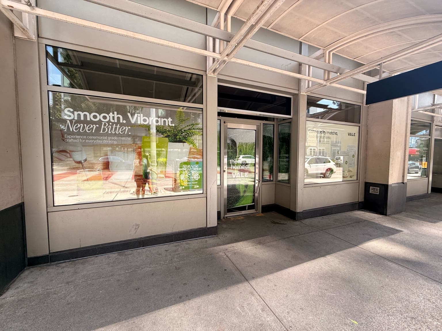 Vale Matcha storefront at 1101 Madison St in First Hill, Seattle, with matcha window graphics