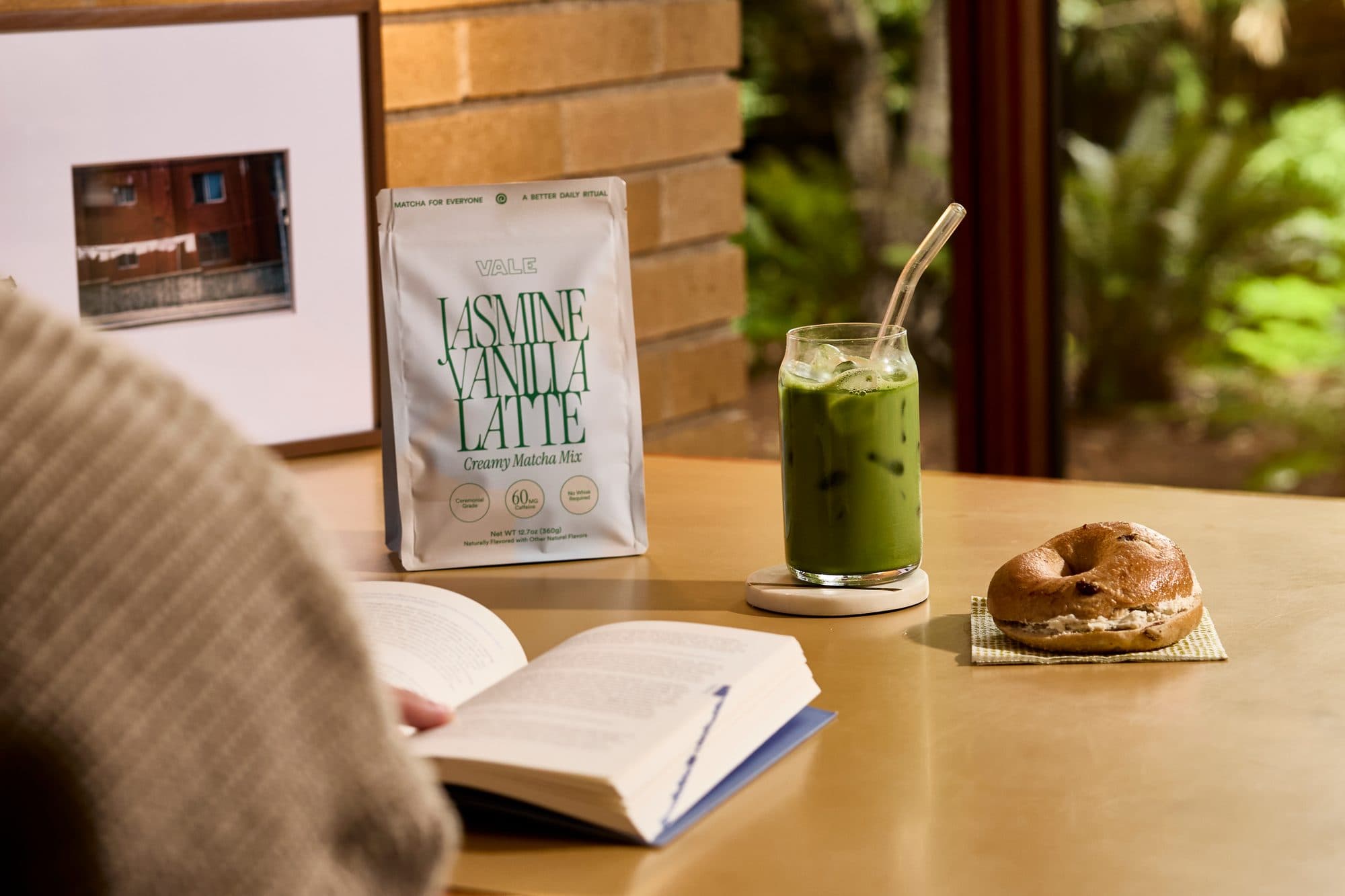 Jasmine Vanilla Matcha with an iced latte and a bagel