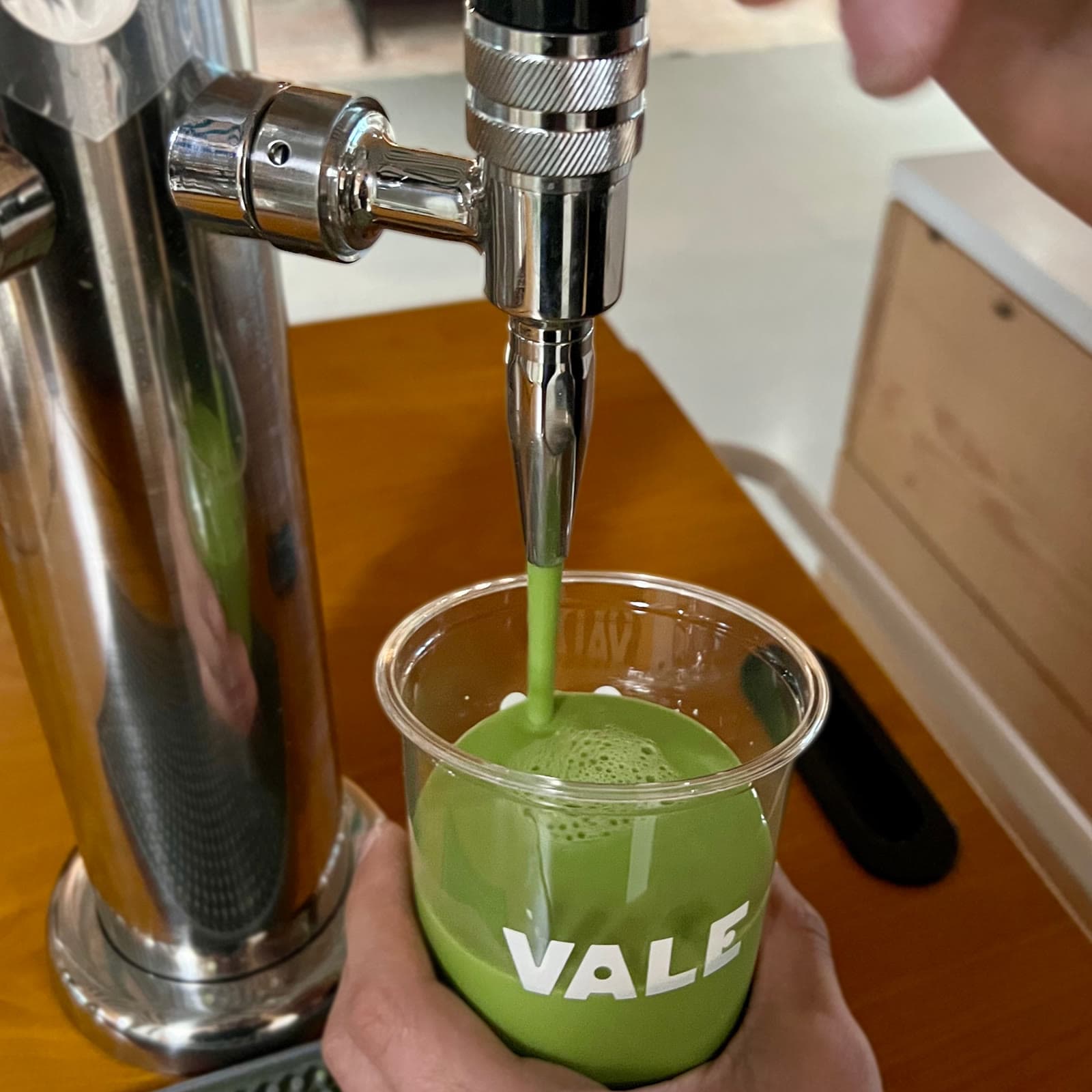 Nitro matcha tap detail at the Vale South Lake Union cafe
